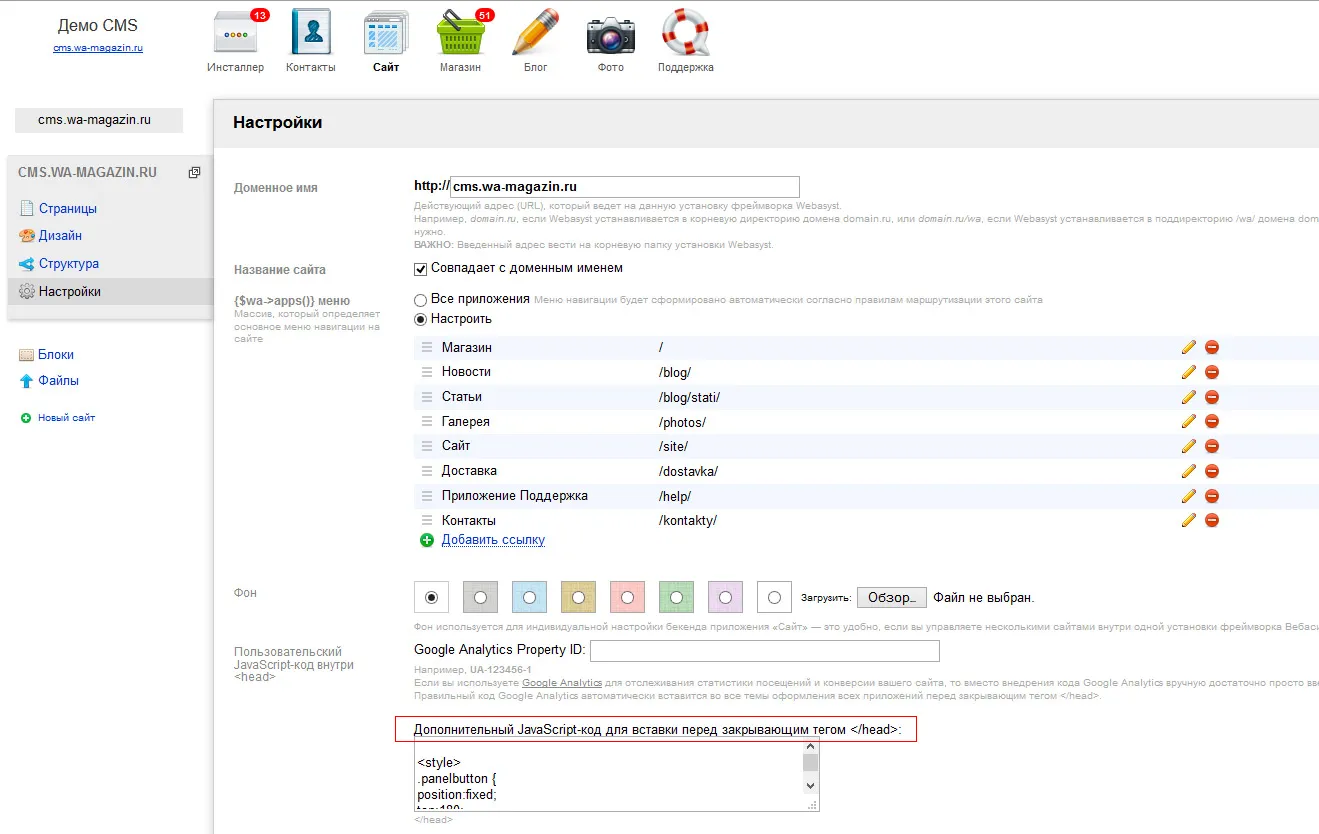 Настройки приложения «Сайт» — поле для JavaScript-кода